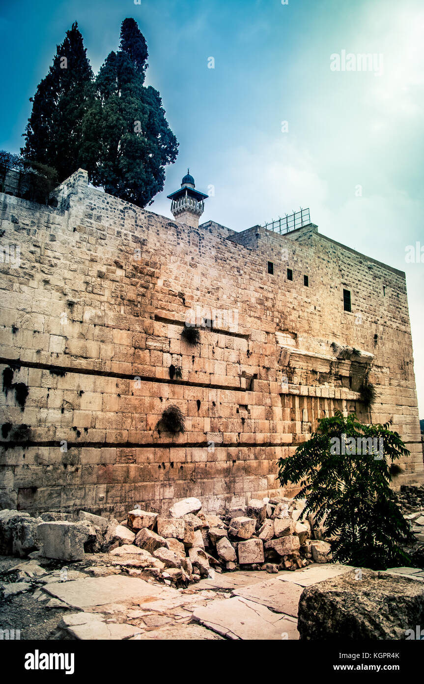 Minaret de la mosquée al-Aqsa. mur sud du mont du Temple à Jérusalem, Israël Banque D'Images