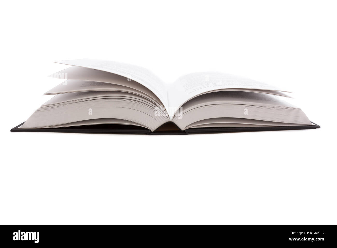 Ouvert grand livre noir sur fond blanc Banque D'Images