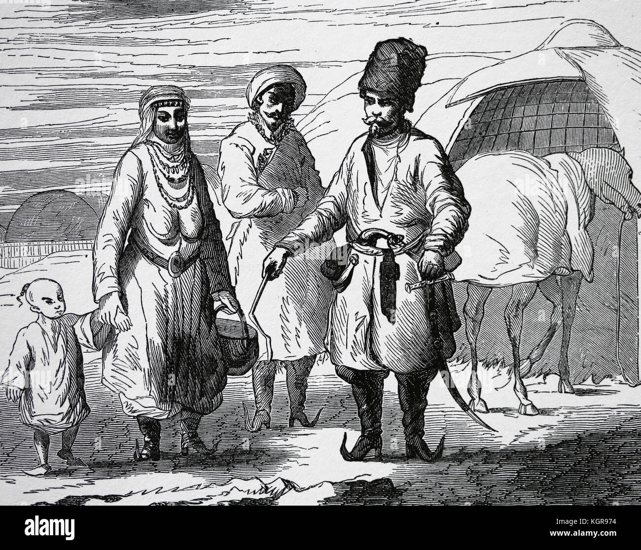 L'Asie. persian famille. gravure, 19ème siècle. Banque D'Images