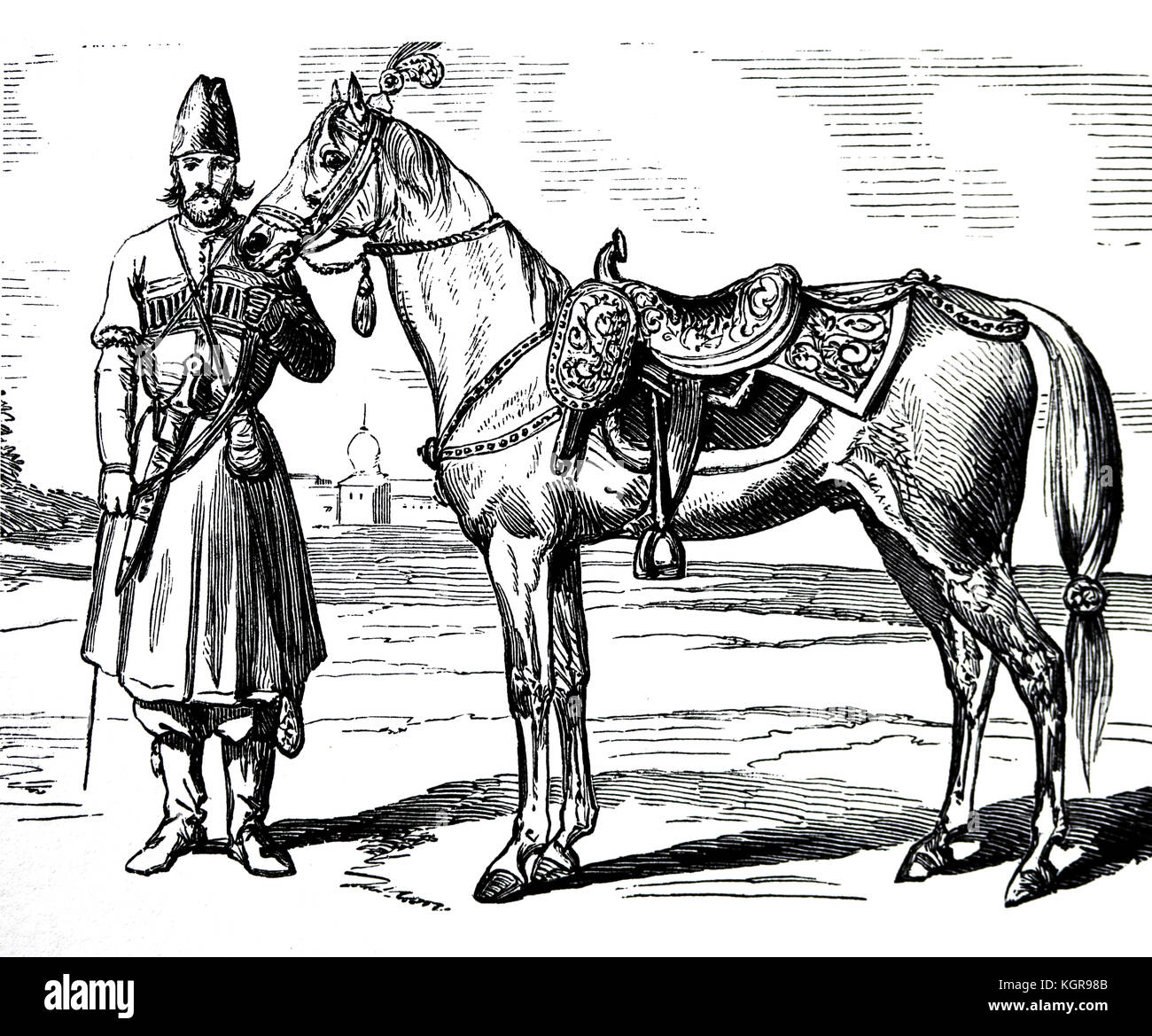 L'Asie. perse. Le shah's horse et keeper, 19e siècle. Banque D'Images