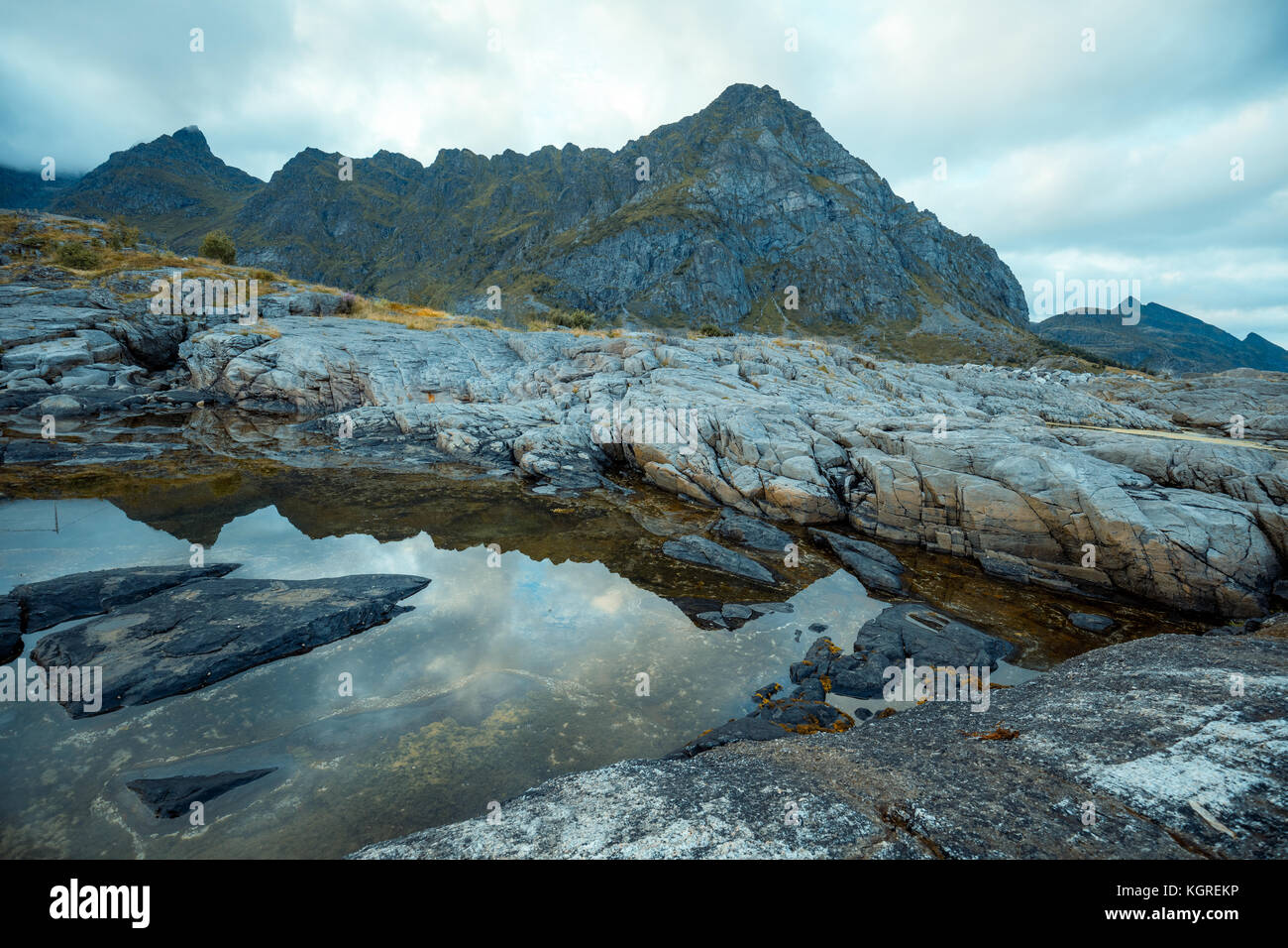 Paysage du nord de la montagne. La belle nature de la Norvège. Rocky seashore. Les îles Lofoten, Banque D'Images