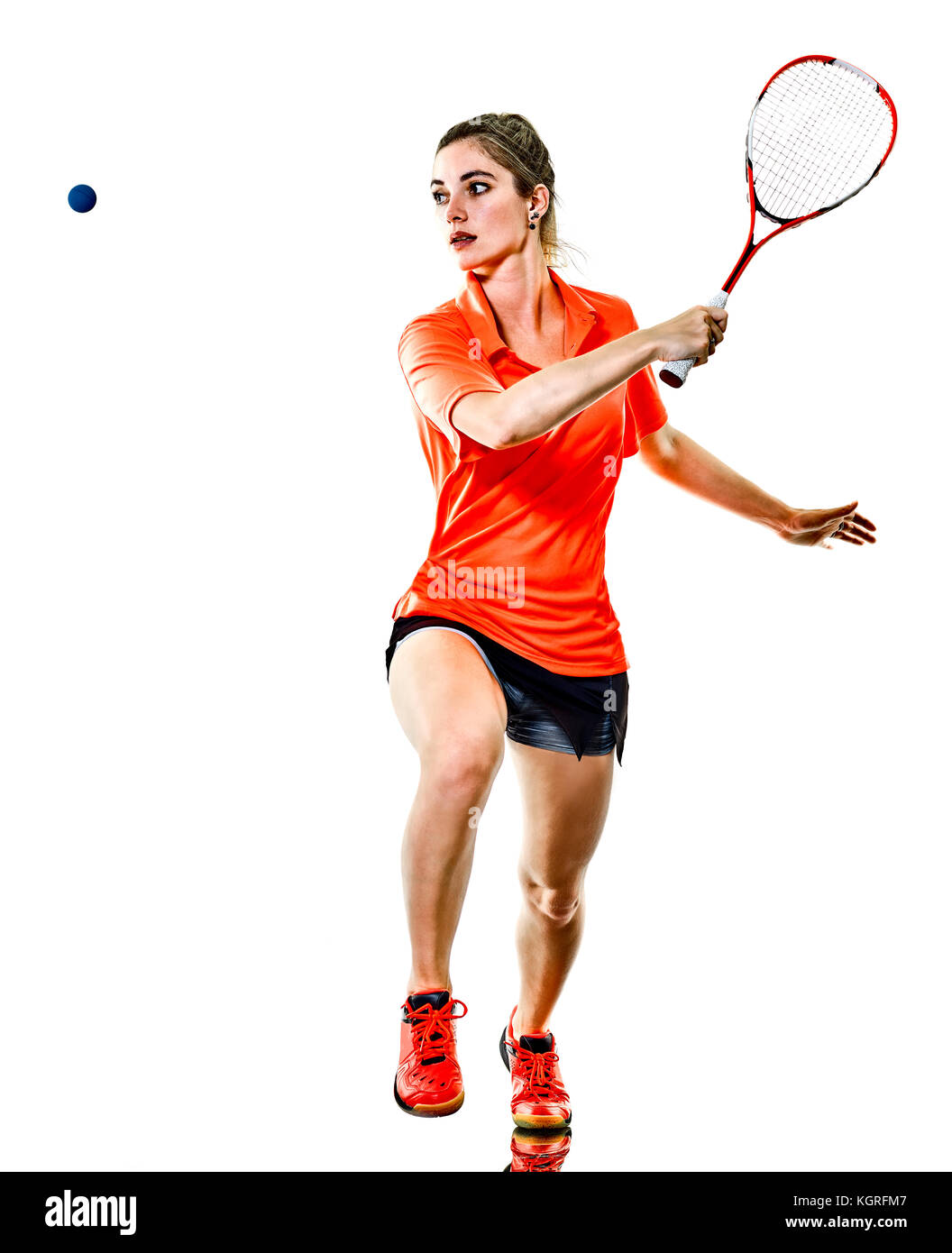 Portrait d'un jeune adolescent girl woman playing Squash player isolé sur fond blanc Banque D'Images