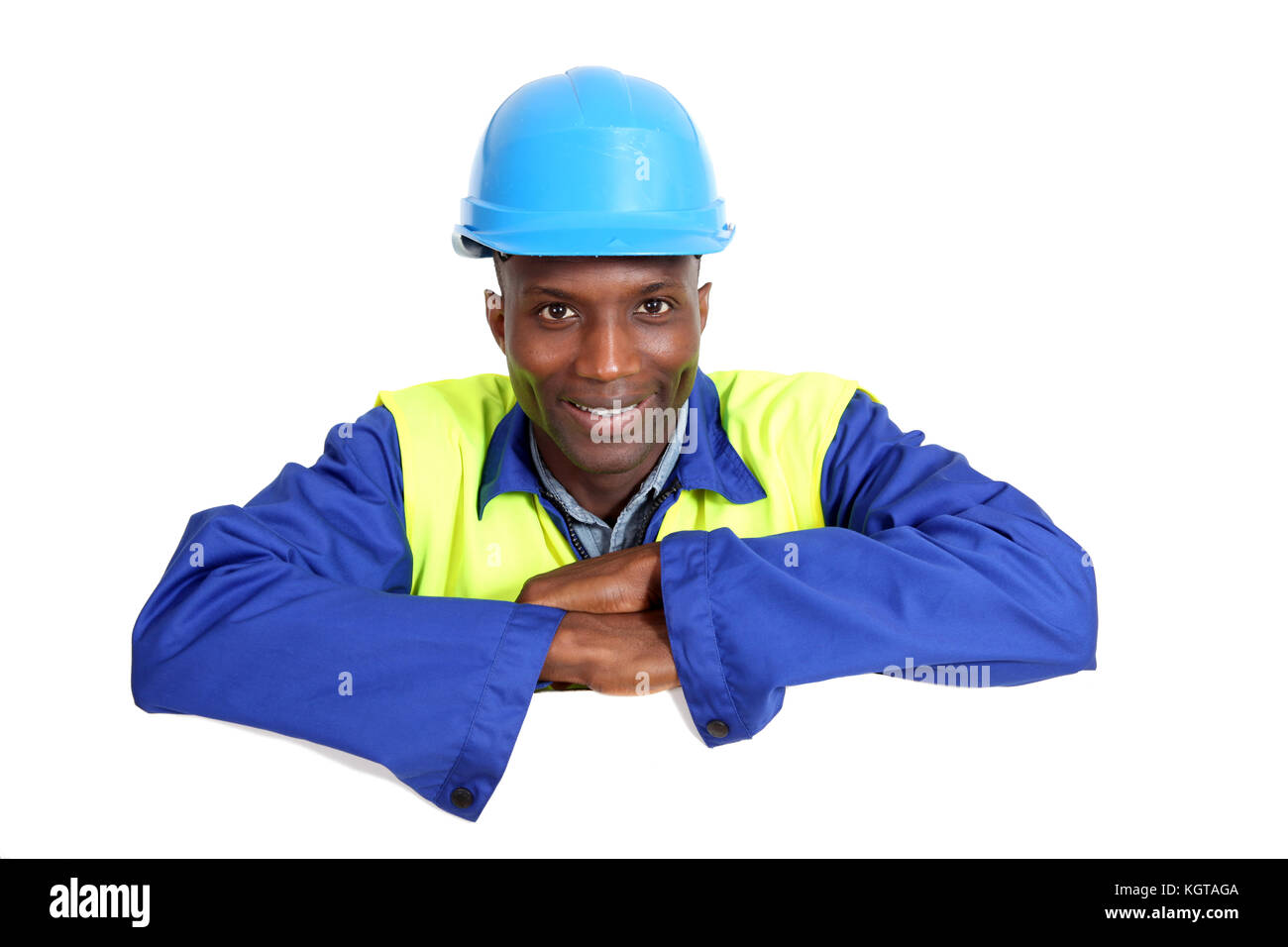 Construction Worker with isolés de tableau blanc Banque D'Images