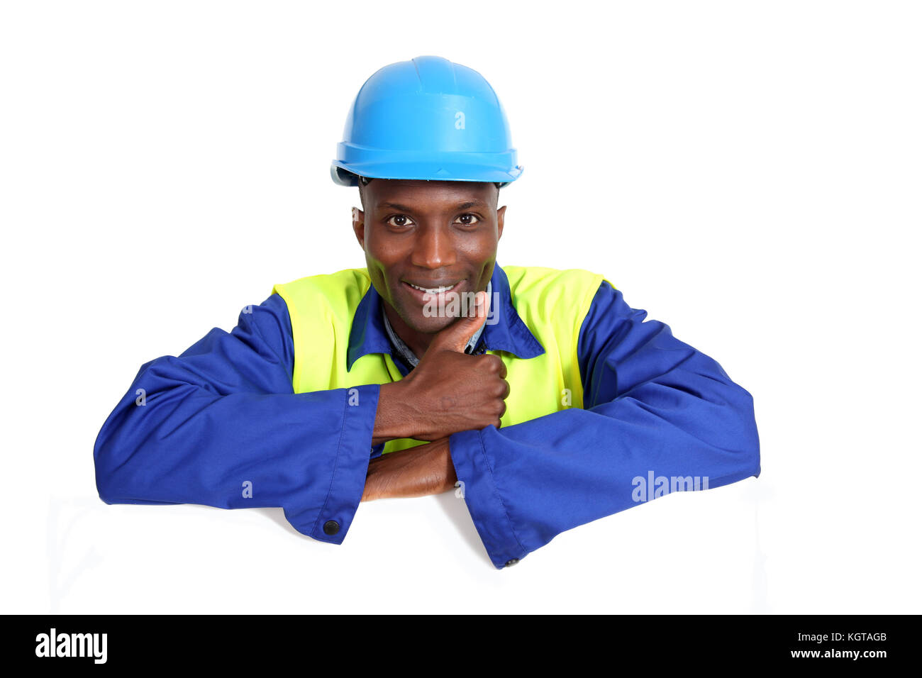 Construction Worker with isolés de tableau blanc Banque D'Images