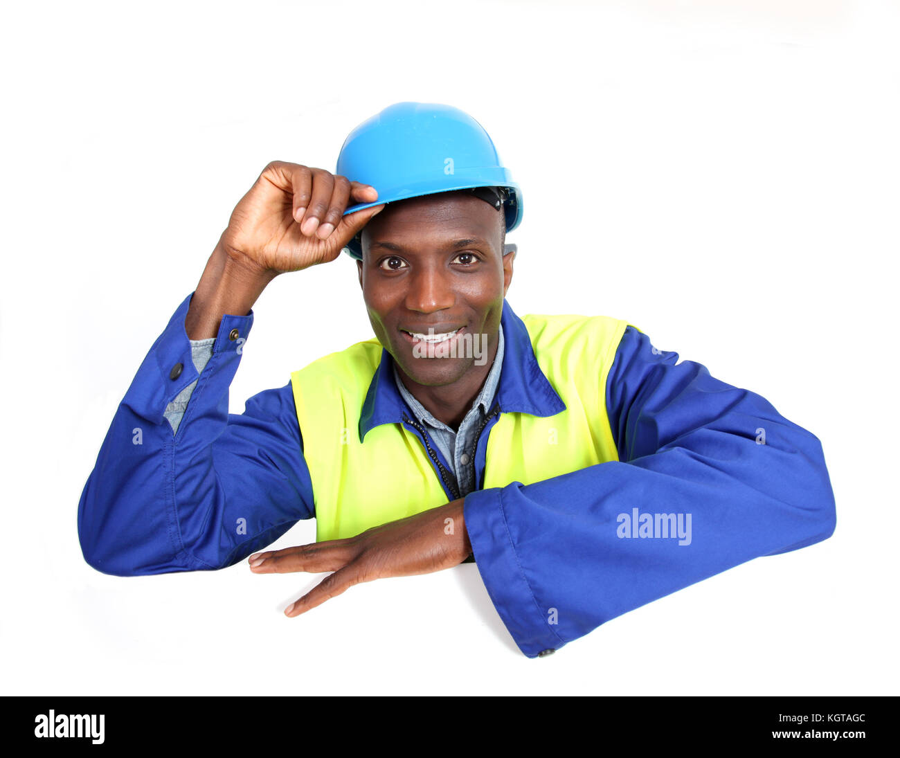 Construction Worker with isolés de tableau blanc Banque D'Images