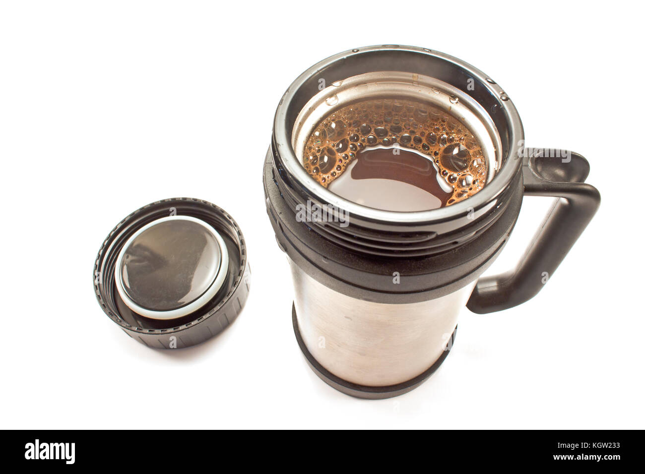 Café verre thermos avec couvercle et isolated on white Banque D'Images