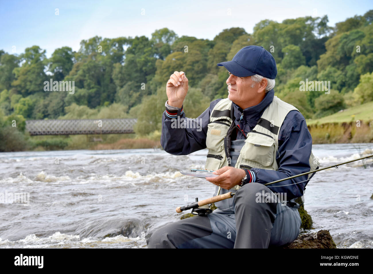 Fly-pêcheur assis sur la roche, le choix de voler Banque D'Images