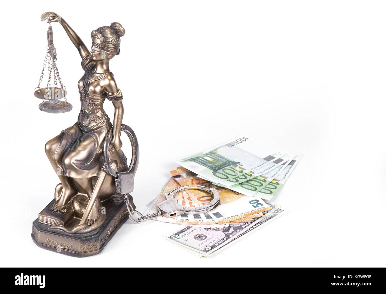 Statue de la justice themis avec de l'argent Euros et dollars. pot-concept et le crime Banque D'Images