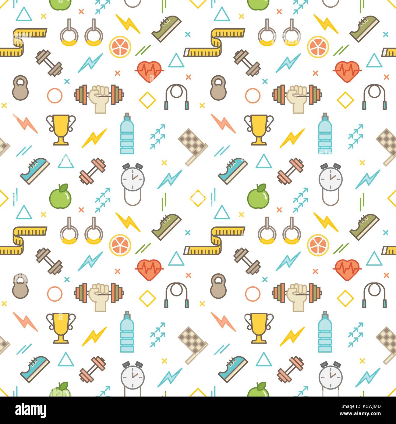 Motif vectoriel de style ligne illustré sans couture avec poids, haltères, coupes de champion, bouteilles d'eau et autres objets sportifs Illustration de Vecteur