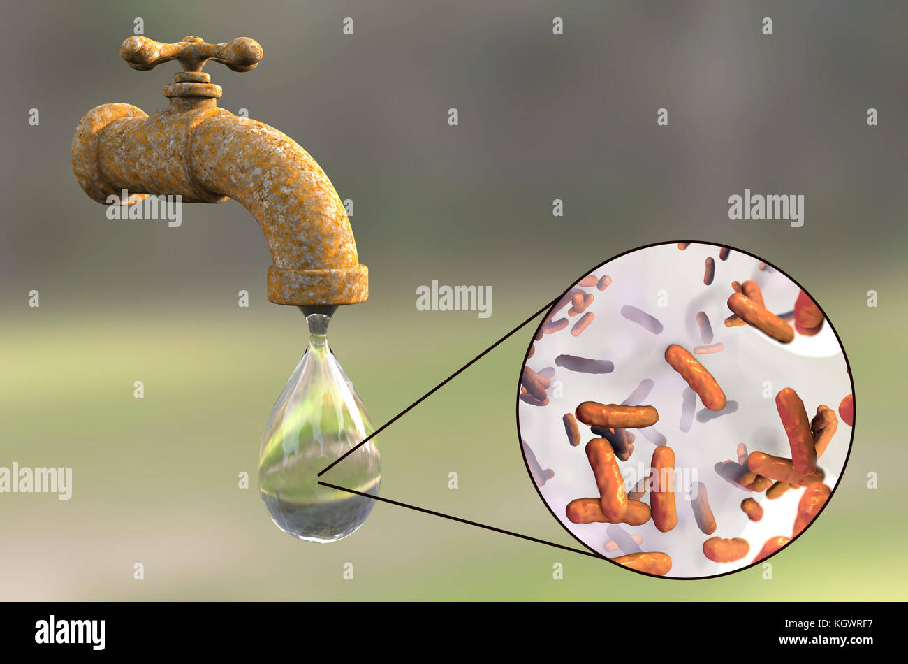 Sécurité de l'eau potable. Conceptual illustration de microbes dans une goutte d'eau du robinet. Banque D'Images