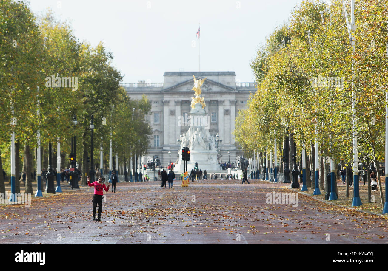 Un touriste profite de l'opportunité que le Mall de Londres soit fermé à la circulation parce qu'un changement de garde pour prendre un selfie devant Buckingham Palace. Banque D'Images