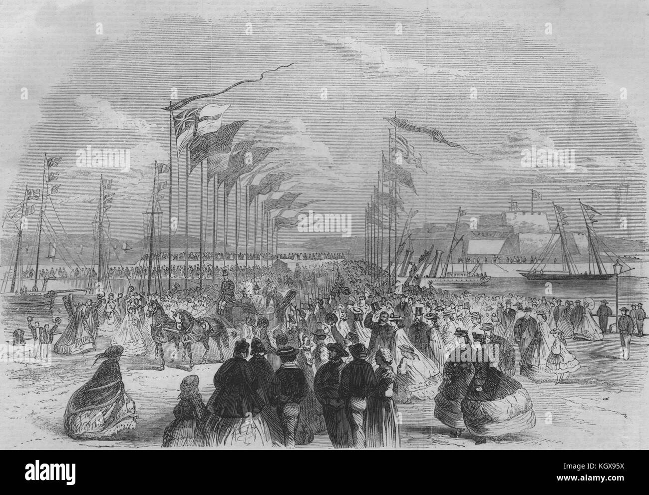 La réception du duc de Cambridge à St Peter Port, Guernsey. Channel Islands 1862. L'Illustrated London News Banque D'Images