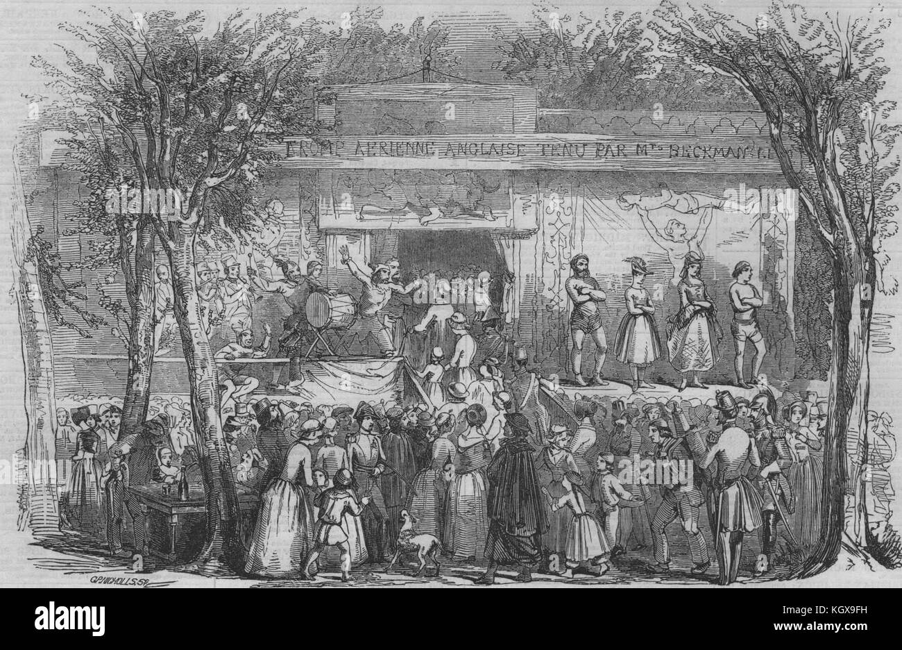 Attractions populaires de Paris. Stand à la barrière. Paris 1855. L'Illustrated London News Banque D'Images