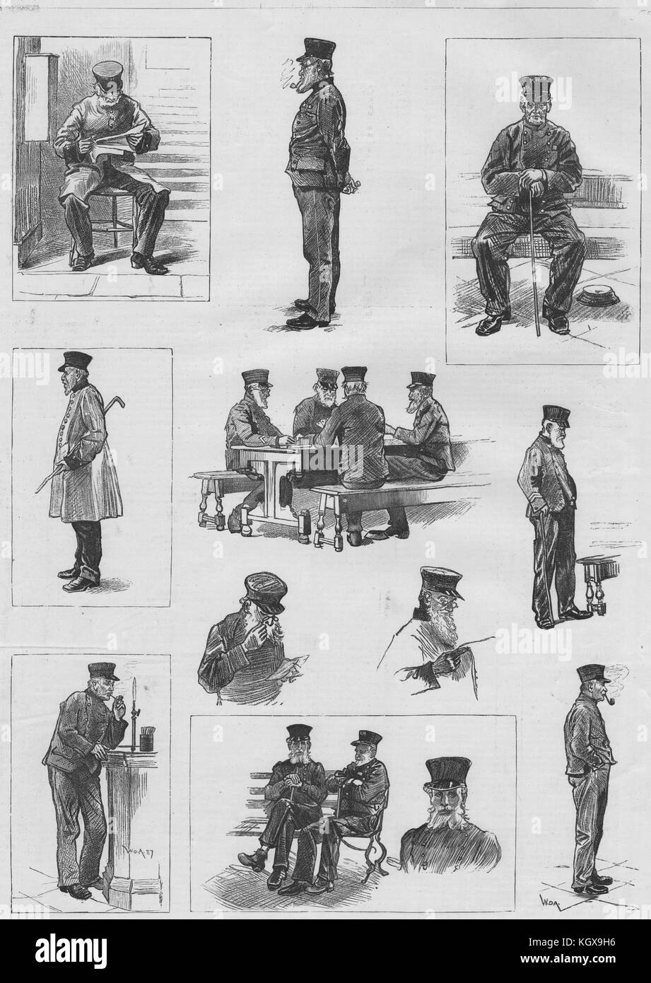 Croquis à l'hôpital de Chelsea vieux retraités. Londres 1890. L'Illustrated London News Banque D'Images