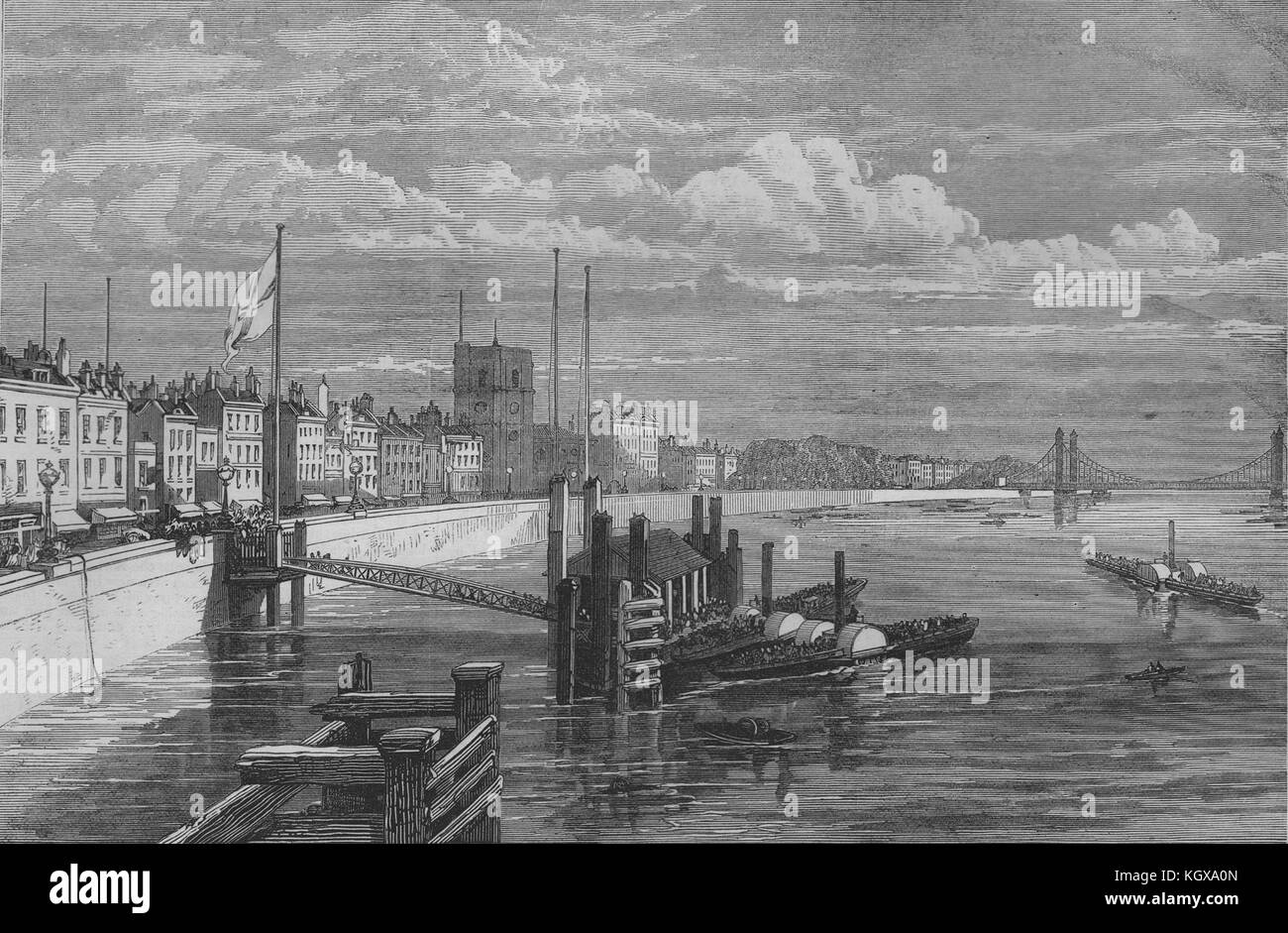 Le nouveau Chelsea Embankment, de Battersea Bridge. Londres 1874. L'Illustrated London News Banque D'Images