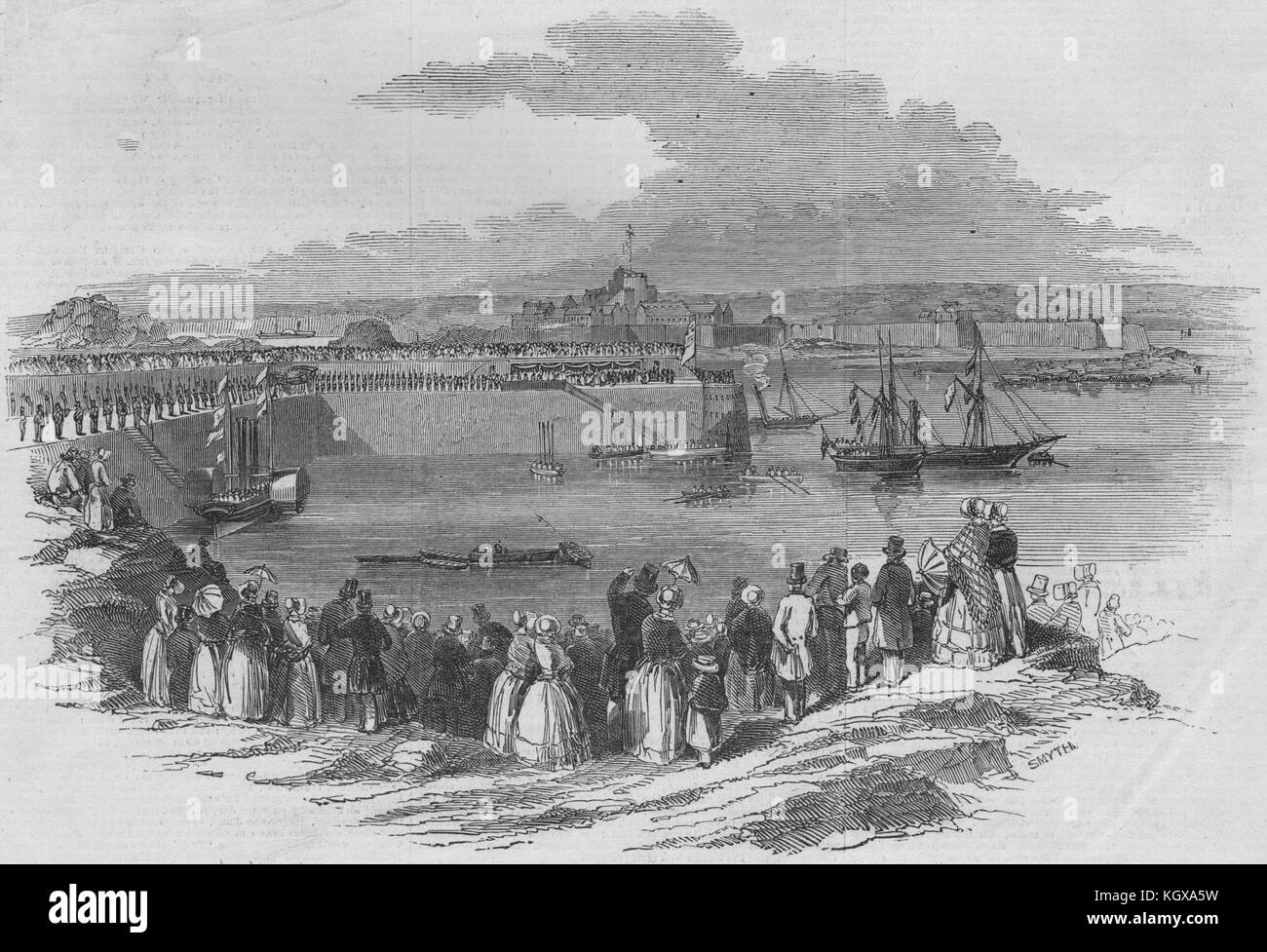 La reine Victoria, à l'atterrissage à 'Victoria Pier' Jersey. Channel Islands 1846. L'Illustrated London News Banque D'Images