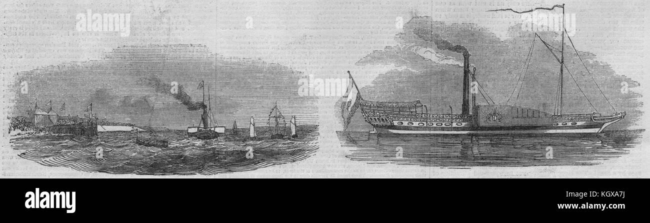 Le Roi et la Reine de Belgique laissant Lillo. Le yacht du roi de Hollande 1843. L'Illustrated London News Banque D'Images