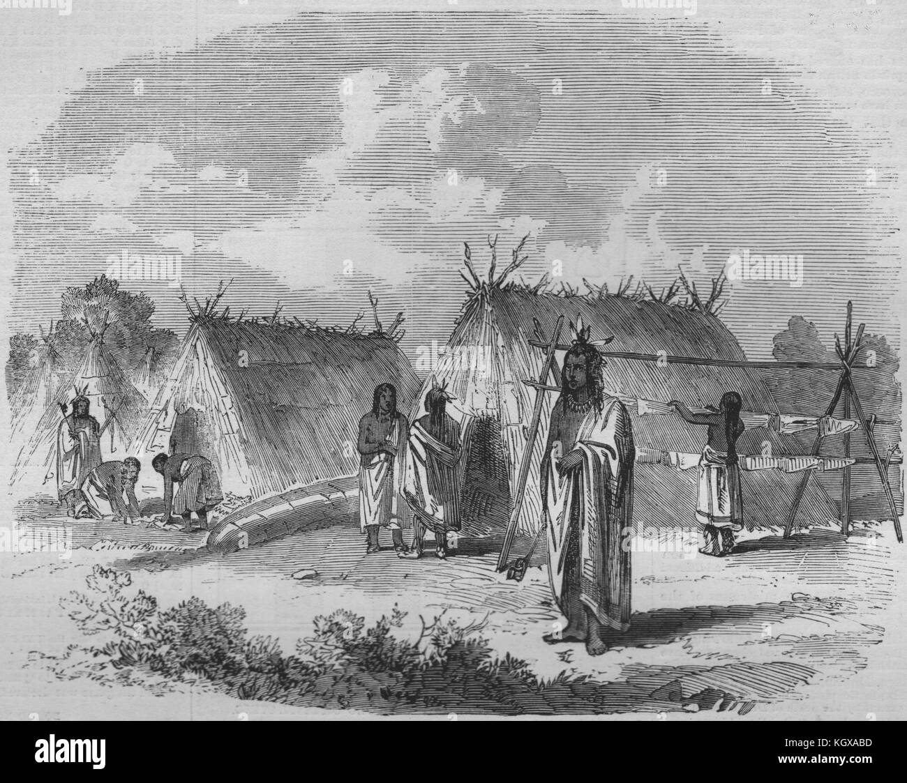 Expédition de la Saskatchewan et de l'Assiniboine camp Ojibwa Rainy River Falls Canada 1858. L'Illustrated London News Banque D'Images