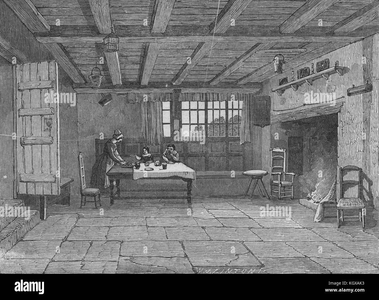 Chambre à Anne Hathaway's Cottage. Le Warwickshire 1847. L'Illustrated London News Banque D'Images