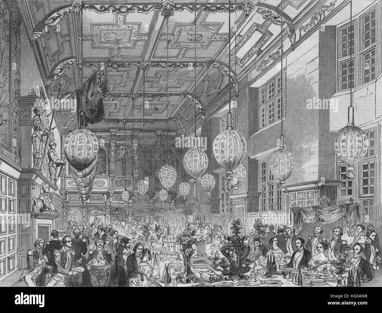 La reine Victoria à Hatfield House. La grande salle du banquet. 1846 Hertfordshire. L'Illustrated London News Banque D'Images