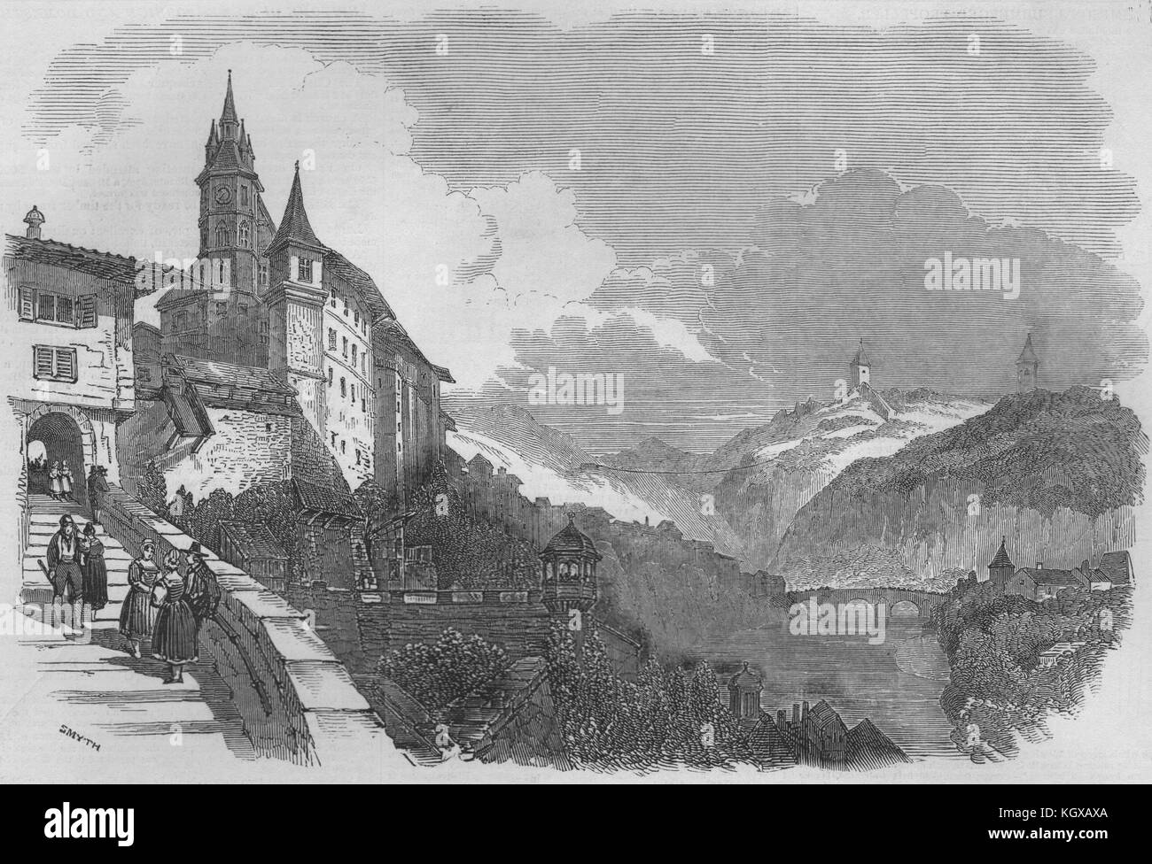Fribourg - à partir d'un croquis original. Suisse 1847. L'Illustrated London News Banque D'Images
