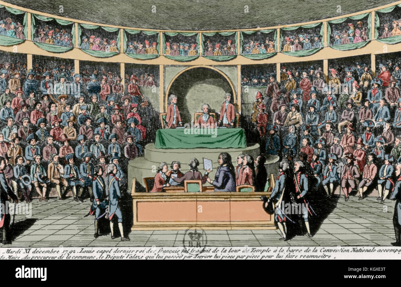 Révolution française (1789-1799). Convention nationale. L'interrogatoire du roi Louis XVI devant la Convention nationale, le 11 décembre 1792. Gravure en couleur. Banque D'Images