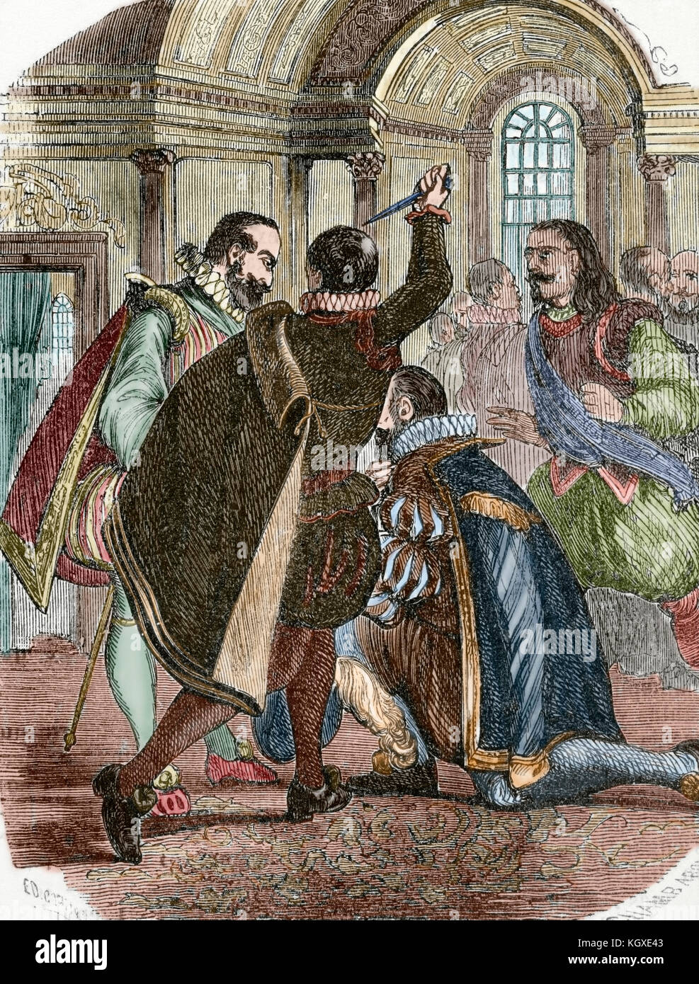 Tentative d'assassiner le roi Henri IV de France (1553-1610) par Jean Chatel (1575-1594) en décembre 1594. Gravure par Chamb Aron, 1851. De couleur. Banque D'Images