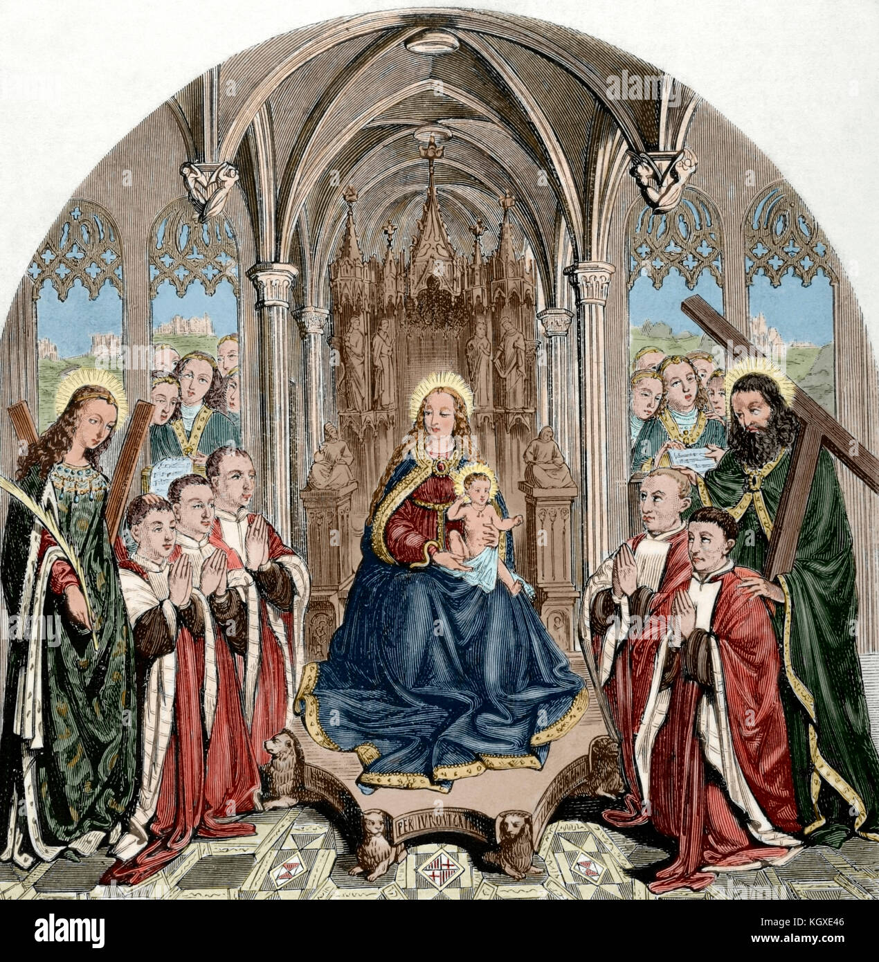 Vierge des Consellers (Conseillers) (c.1443-1445). Il représente les cinq conseillers de la ville de Barcelone dans l'adoration. Gravure de Capuz après la peinture gothique de Lluís Dalmau (actif entre 1431-1460). 'La Ilustracion Espanola y Americana', 1870. De couleur. Banque D'Images