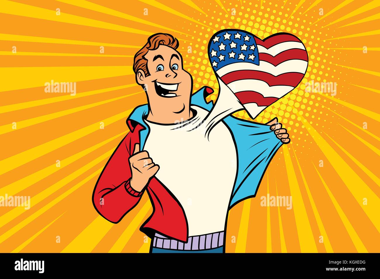 Fan de sport aime les USA. La fréquence cardiaque avec le drapeau du pays. comic cartoon style pop art retro vector illustration Illustration de Vecteur