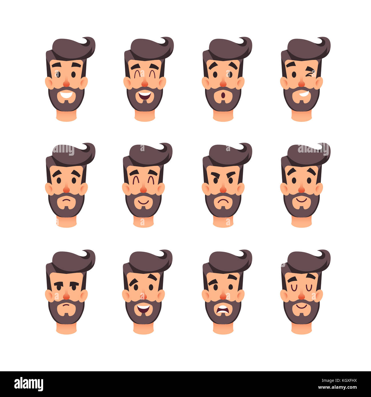 La tête de l homme avec des émotions différentes. Jeu de caractères visages mâles de dessin animé. Émotions faciales pour le jeu ou l'animation. Avatar d'un jeune homme avec différentes expressions visage. Couvaison, peur, choc, méfiance, ruse, discrétion, embarras et autre humeur. Banque D'Images