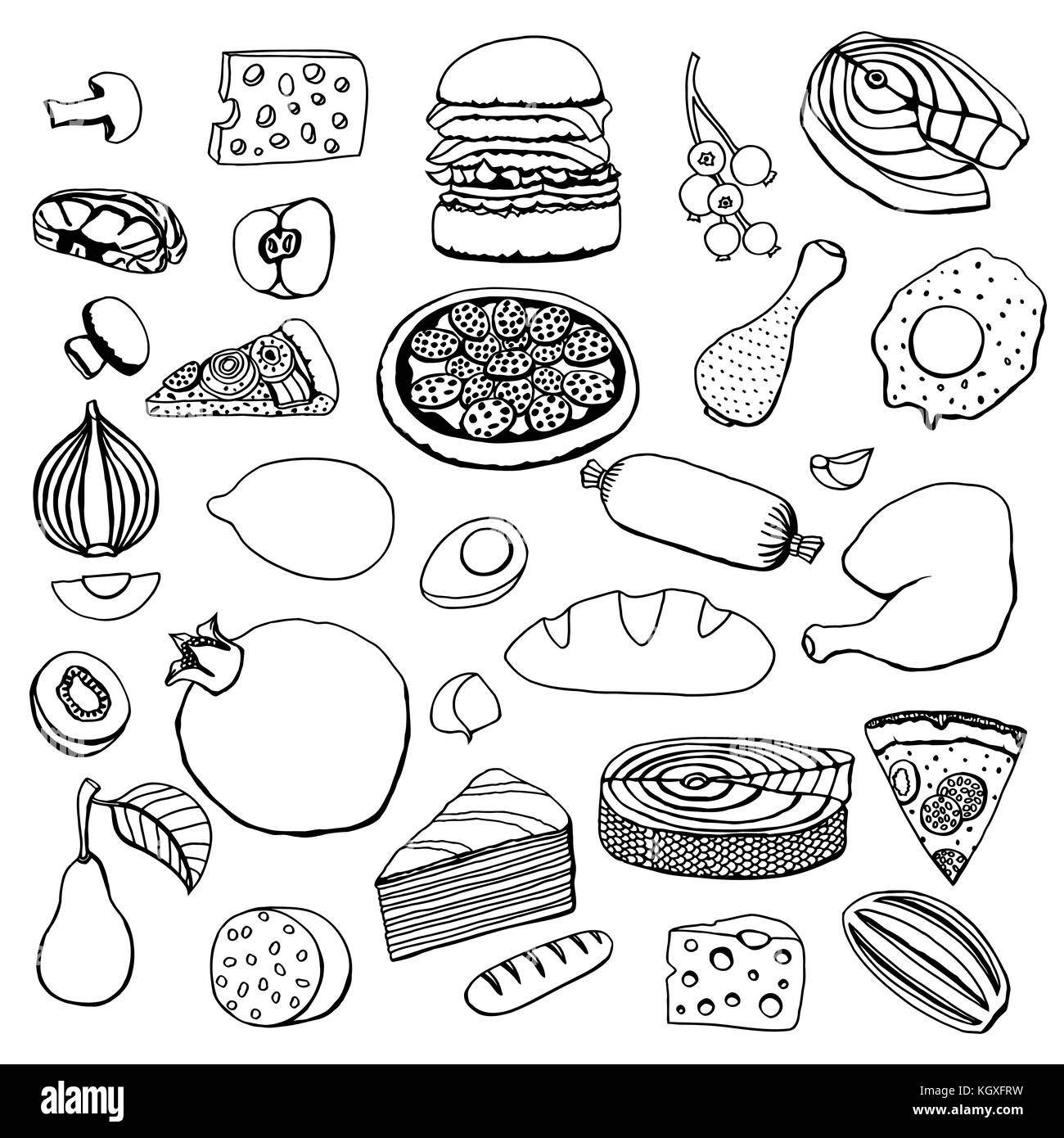 Vector hand drawn monochrome cartoon alimentaire ensemble d'objets et de symboles. Illustration de Vecteur