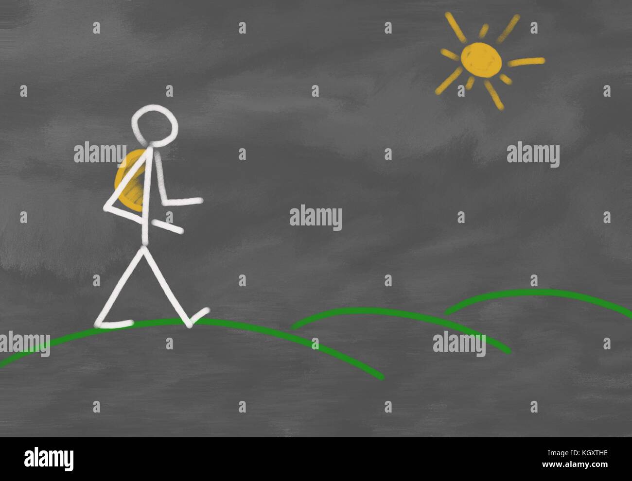 Stick figure personne être actif allant de la randonnée ou balade sur les collines et sous le soleil Banque D'Images