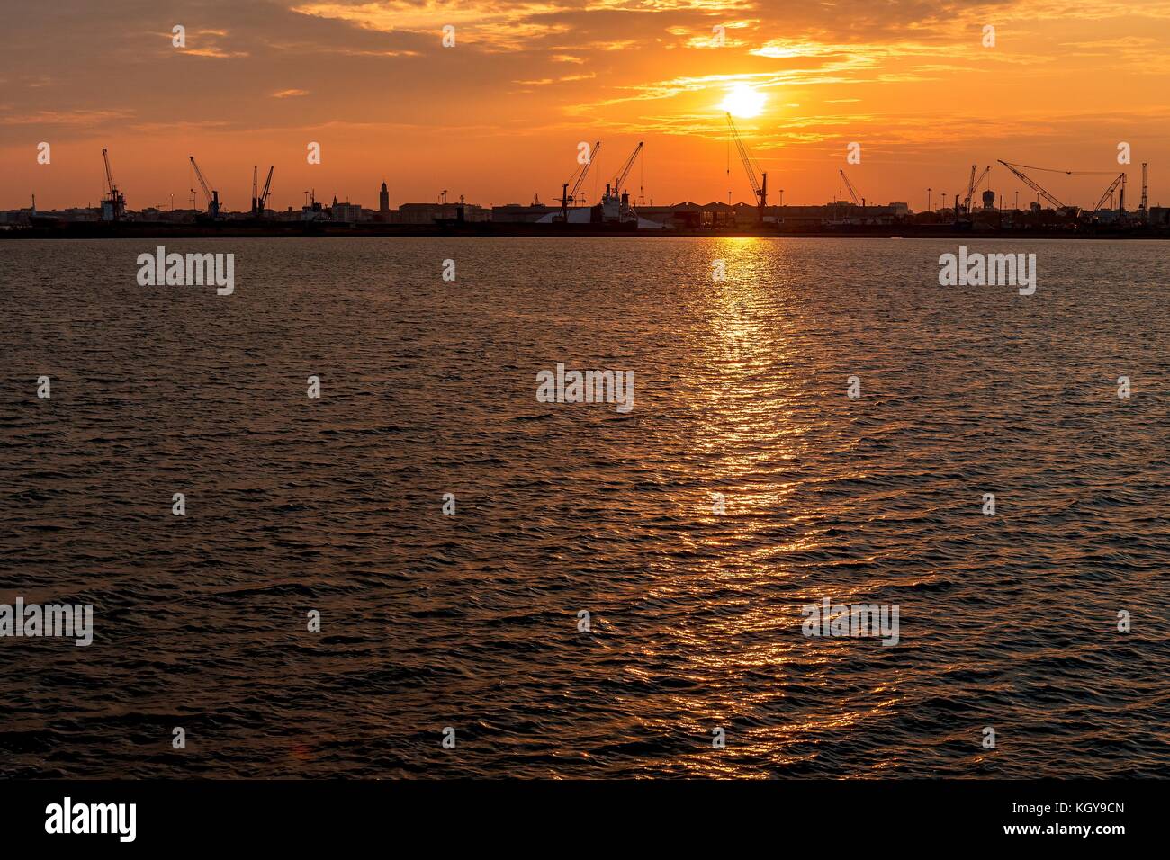 Silhouette de grues portuaires sur la mer le matin au lever du soleil. Chioggia, Italie Banque D'Images