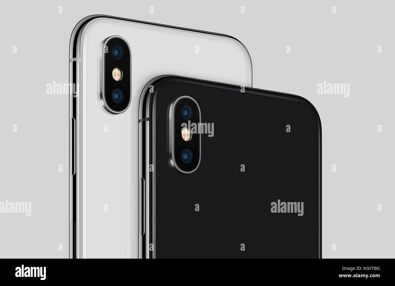 Close-up blanc et noir smartphone une rotation similaire à l'iPhone X le verso avec les modules de caméra, recadré. Banque D'Images