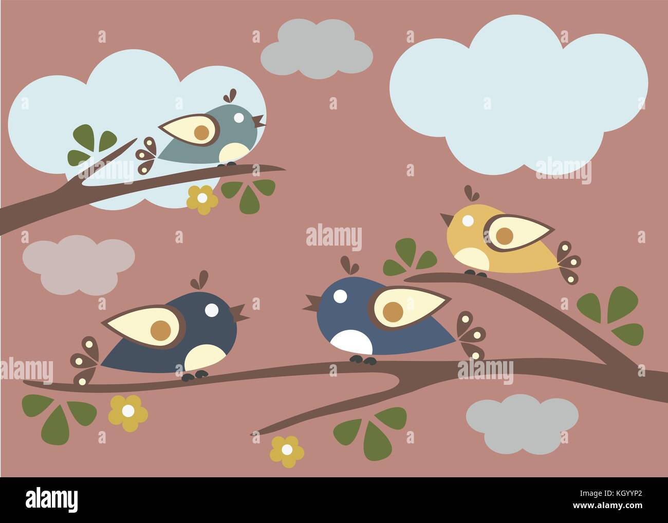 Oiseaux assis sur les branches d'arbres. vector illustration nuit Nuageux. Illustration de Vecteur