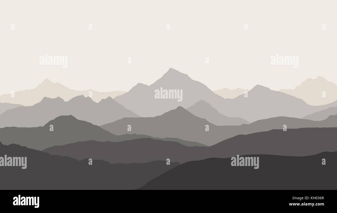 Vue panoramique sur le paysage de montagne avec du brouillard dans la vallée ci-dessous avec l'alpenglow ciel gris - vector Illustration de Vecteur