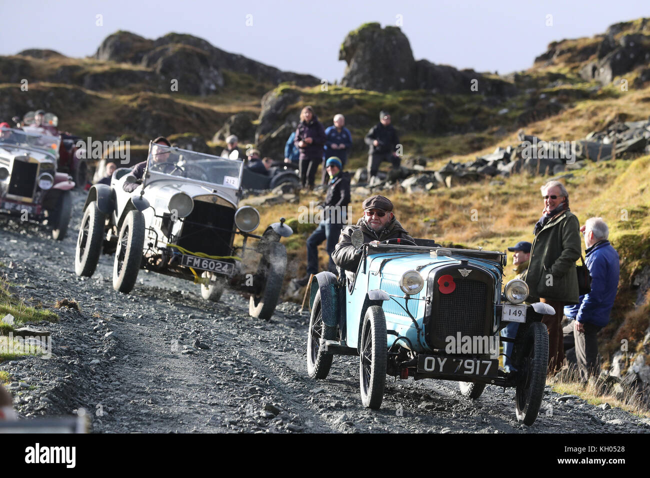 Un 1934 Austin Ulster conduit par Allen Bruce lors du rallye de voitures d'époque annuel Lakeland Trials sur la route de carrière à la mine Honister Slate, à Borrowdale, Keswick, Cumbria. Banque D'Images