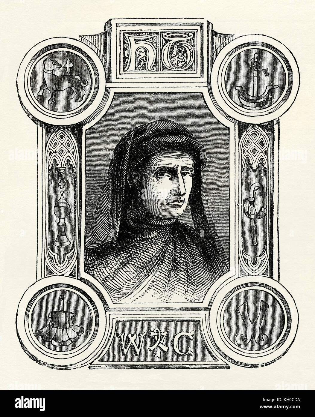 Une ancienne gravure de William Caxton (vers 1422-1491) - Caxton est crédité comme la première personne à introduire une presse à imprimer en Angleterre (en 1476) et a été le premier vendeur anglais de livres imprimés. Cette gravure montre Caxton entouré de marques d'imprimeur. Une marque d'imprimante est un symbole utilisé comme marque commerciale par les premiers imprimeurs Banque D'Images