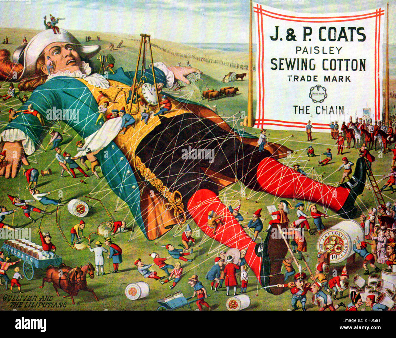 1880 - Les voyages de Gulliver et LILLIPUT - une couleur vintage publicité pour J & P Coats Paisley Coton Couture montrant une scène de l'histoire de Jonathan Swift. Banque D'Images