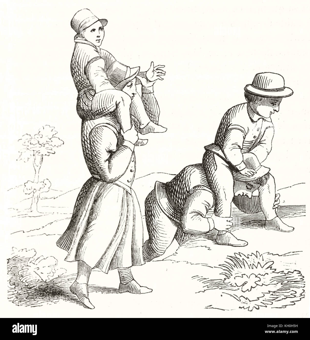 Vieille illustration de garçons jouant à califourchon sur les épaules. Par auteur non identifié, publ. sur Magasin Pittoresque, Paris, 1847 Banque D'Images