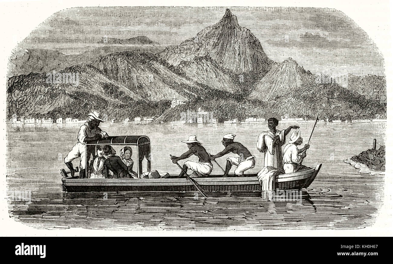 Vieille illustration d'un bateau à rames à Rio de Janeiro. Par Radiguet, publ. sur Magasin Pittoresque, Paris, 1847 Banque D'Images