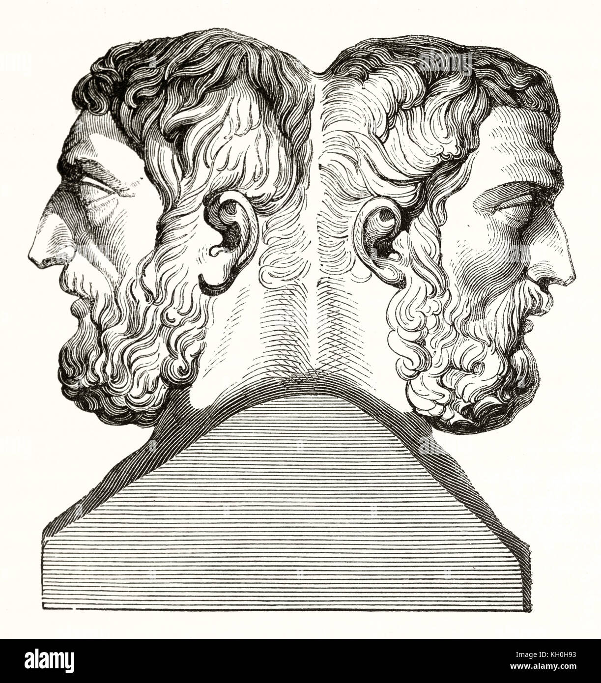 Ancienne reproduction de gravure de type Hermes buste d'Épicure et Metrodorus, conservés dans le musée du Louvre. Publ. sur Magasin Pittoresque, Paris, 1847 Banque D'Images