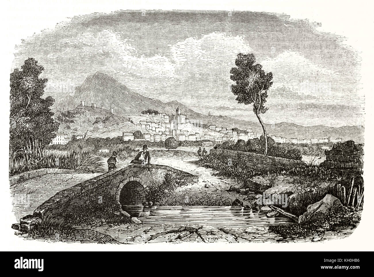 Vue ancienne de Hyères, France. Par Denis, publ. sur Magasin Pittoresque, Paris, 1847 Banque D'Images