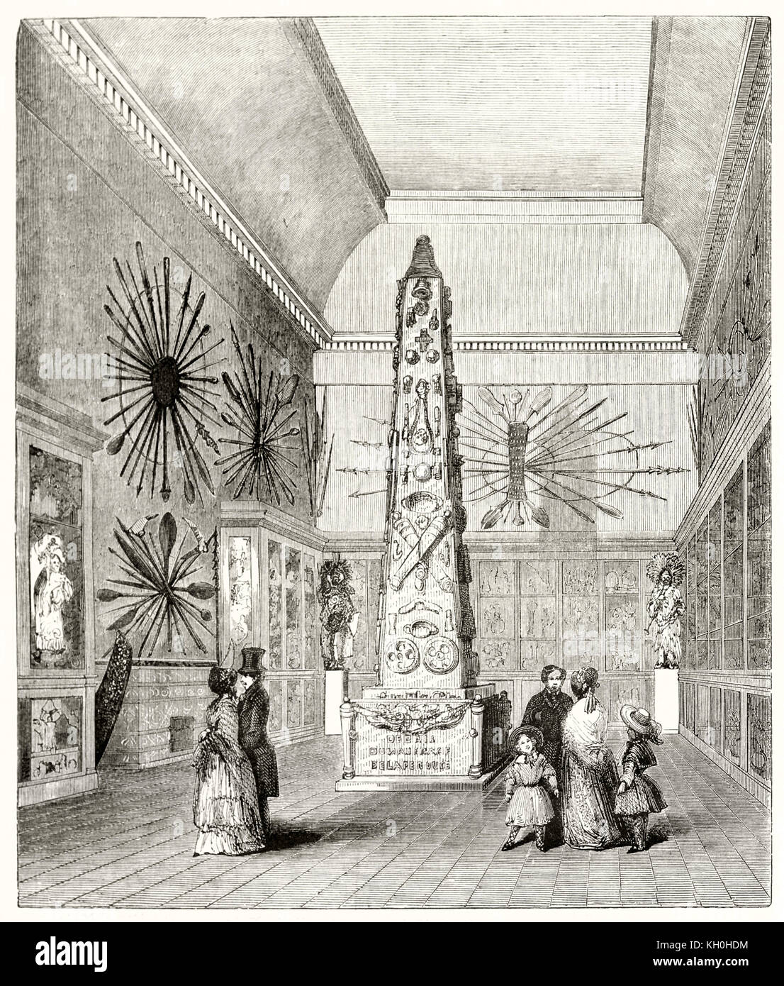 Vue ancienne de l'intérieur du Musée Naval (musée du Louvre, salle La Perouse, Paris). Par auteur non identifié, publ. sur Magasin Pittoresque, Paris, 1847 Banque D'Images