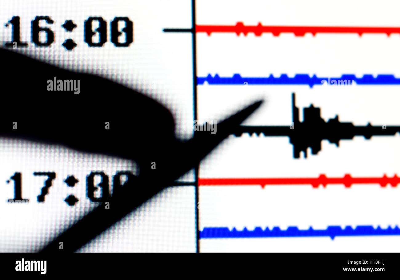 La signature d'un léger tremblement de terre peut être vu sur un sismogramme du séisme bensberg près de Cologne, Allemagne, 09 novembre 2017. le temps universel coordonné (UTC) a été utilisé pour la datation du séisme sur cette photo. Un léger tremblement de terre a surpris les habitants de cologne et hurth. Le séisme de 2,7 degrés Richter a été enregistré mercredi à environ 17:40, selon la station sismique bensberg jeudi. Un porte-parole de l'institut a déclaré "c'était la plus forte eartquake dans l'état de Rhénanie du nord-westphalie cette année". Les médias avaient déjà signalé sur Banque D'Images