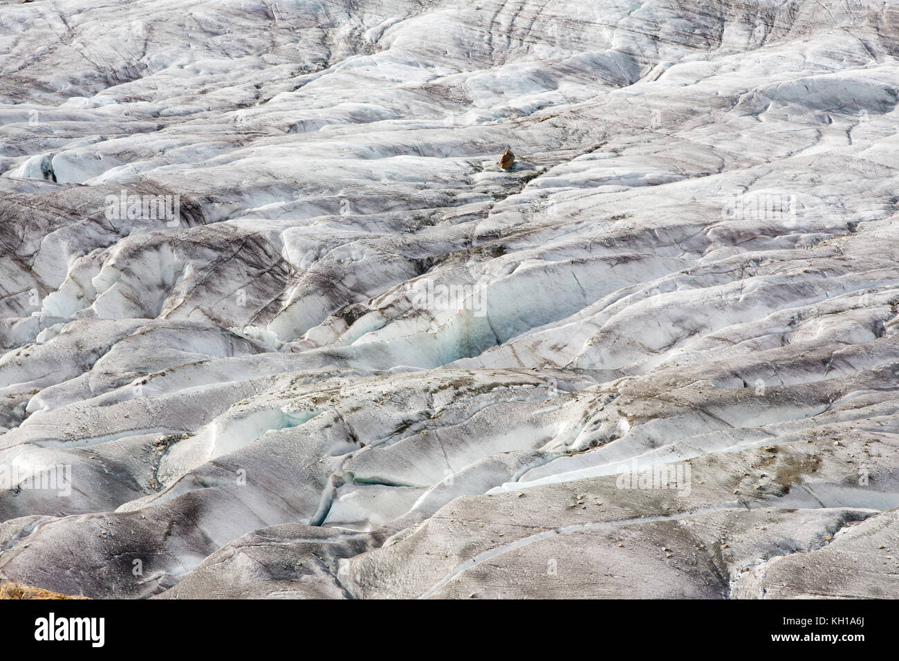 Grand Glacier d'Aletsch, en Suisse : Détail de la profondeur des fissures ou crevasses sur le plus grand glacier d'Europe. Banque D'Images