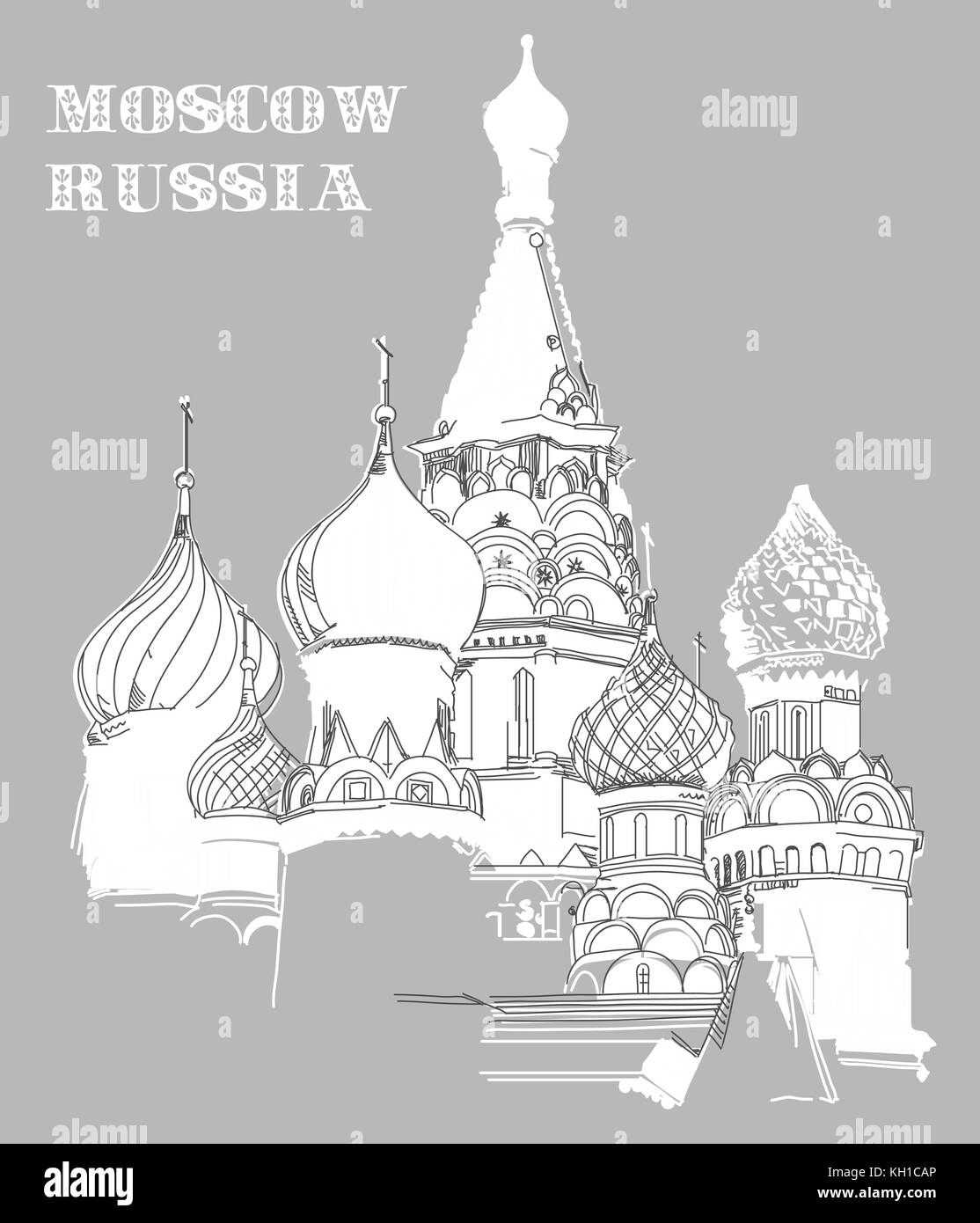 La cathédrale de Saint Basil du Kremlin (Moscou) vector dessin illustration en couleur blanche sur fond gris Illustration de Vecteur