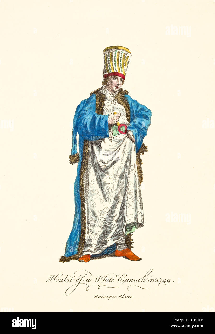 Eunuque blanc dans les robes traditionnelles en 1749. Robe de chambre bleue, tunique blanche, casquette longue, dorée. Par J.M. Vien, T. Jefferys, Londres, 1757-1772 Banque D'Images