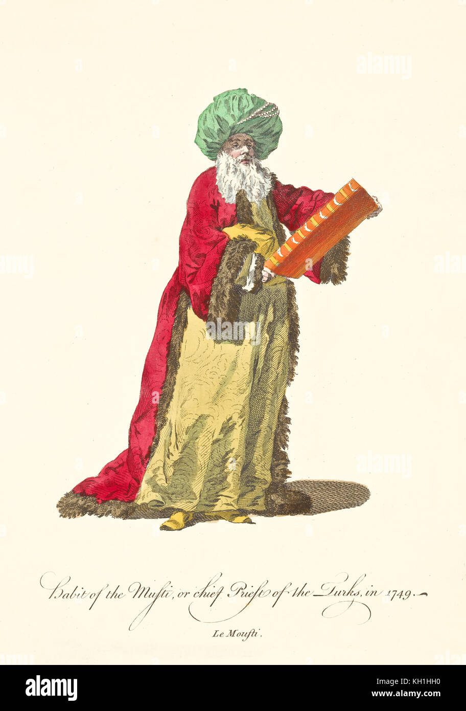 Musti ottoman dans des robes traditionnelles en 1749. Turban, barbe blanche, tunique dorée et coran. Ancienne illustration de J.M. Vien, publ. T. Jefferys 1757-1772 Banque D'Images