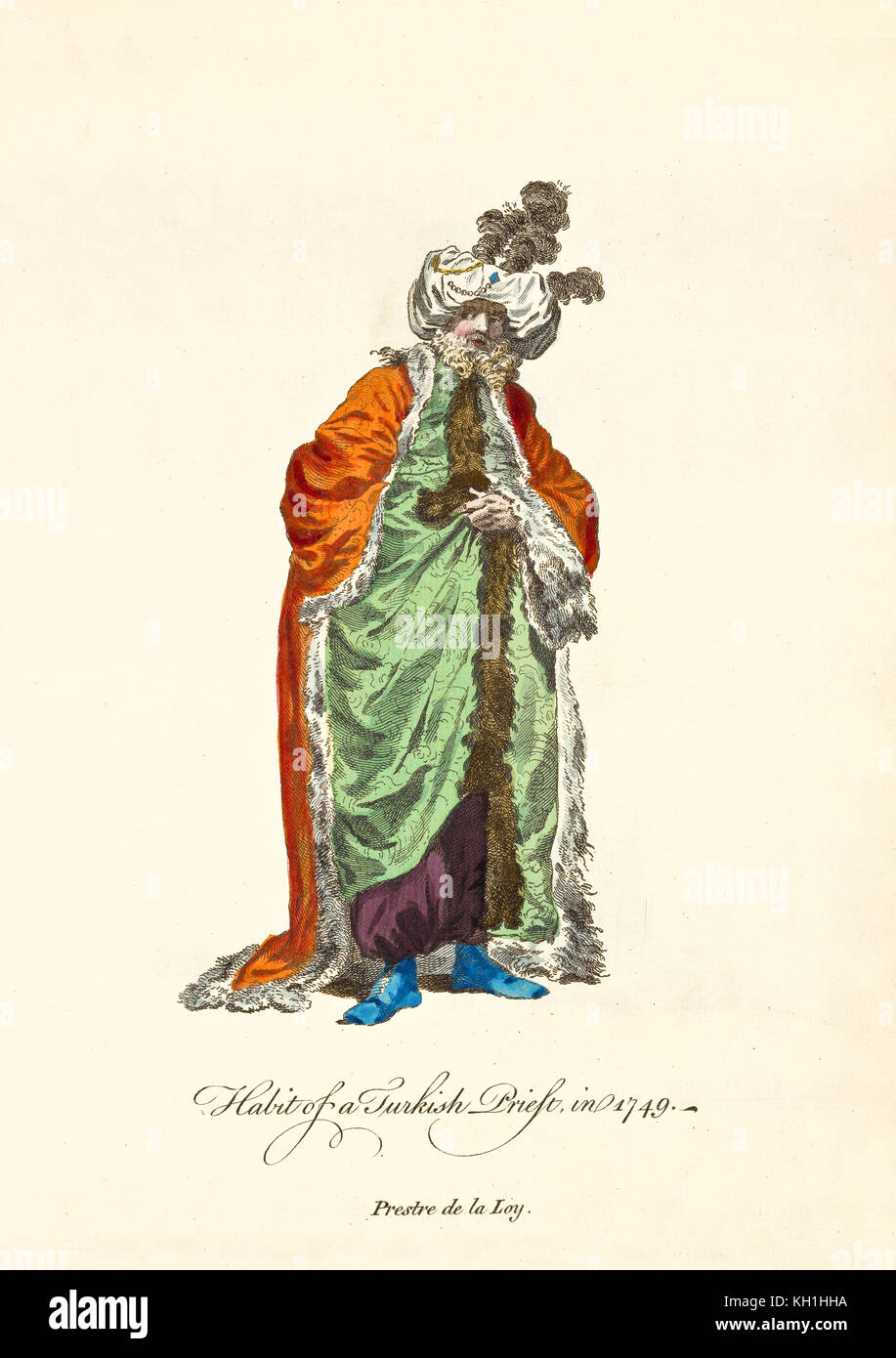 Prêtre ottoman en robes traditionnelles en 1749. Long manteau de fourrure orange, tunique verte, turban avec plumes, barbe. Ancienne illustration de J.M. Vien 1757-1772 Banque D'Images